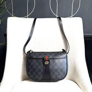 Gucci authentic black monogram coated canvas crossbody bag red green accents